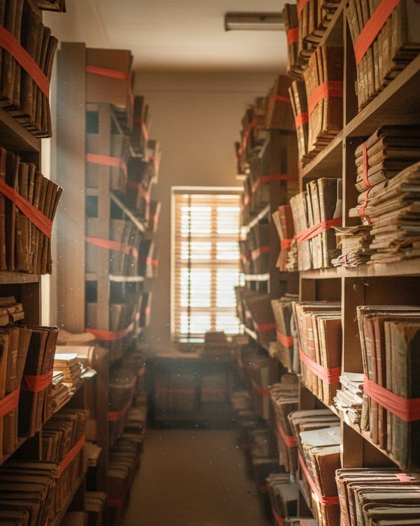 Archive shelves of bound government ledgers and red-tape parcels in a Tamil Nadu records room