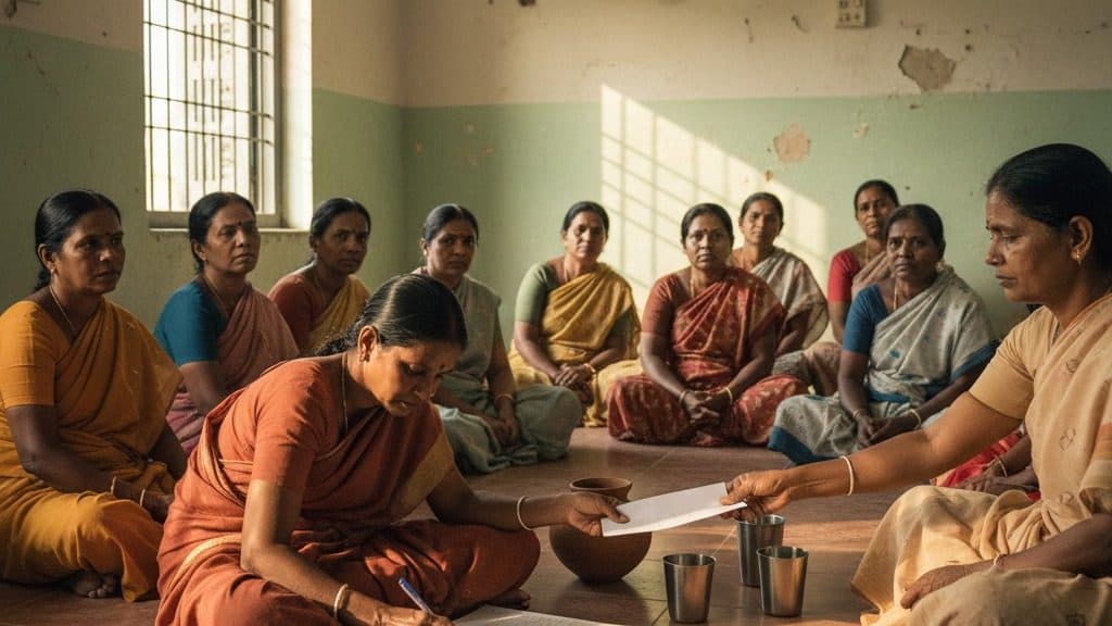 A Tamil Nadu village women's self-help group meeting in a panchayat hall: ten to twelve women seated on the floor with a ledger open between them